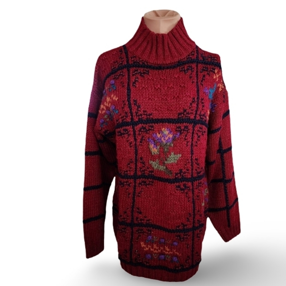 IVY Vintage 90s Hand-Knit Floral Ramie Sweater Chunky Turtleneck Red‎ Small